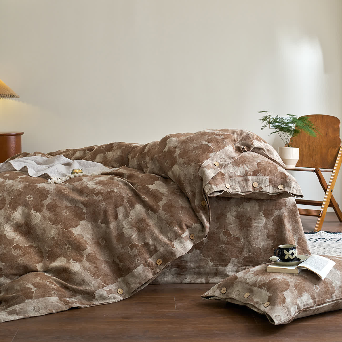 Set di biancheria da letto in garza di cotone floreale tinto in filo (4 pezzi)