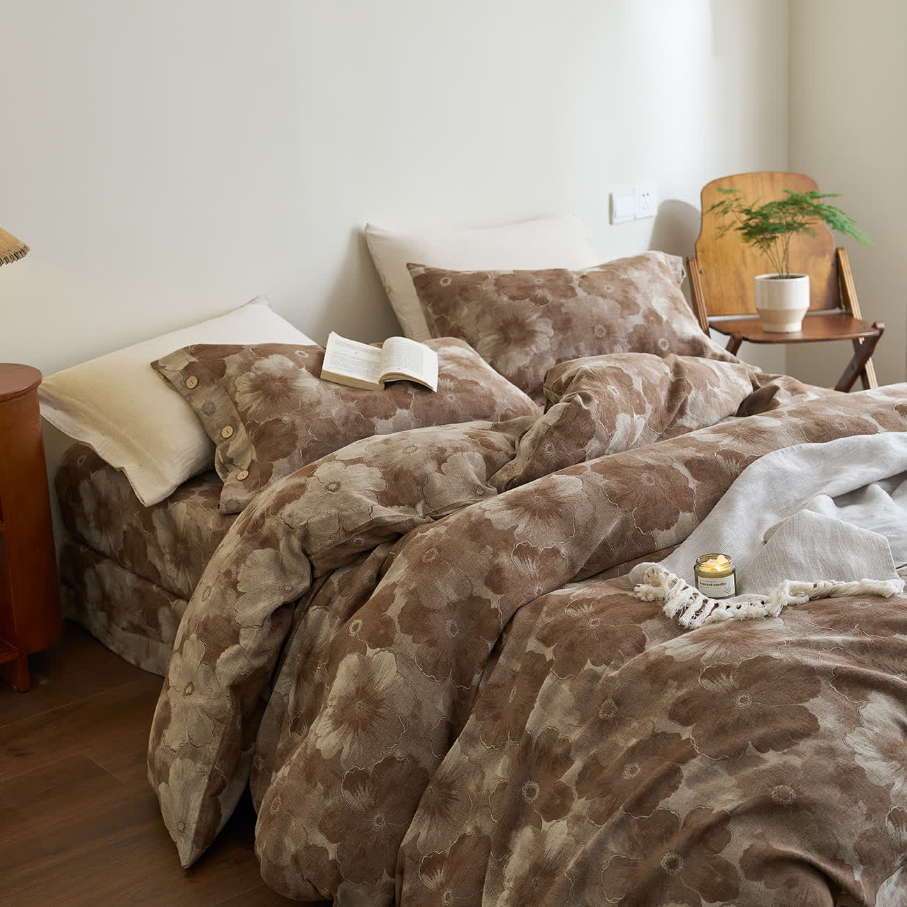 Set di biancheria da letto in garza di cotone floreale tinto in filo (4 pezzi)