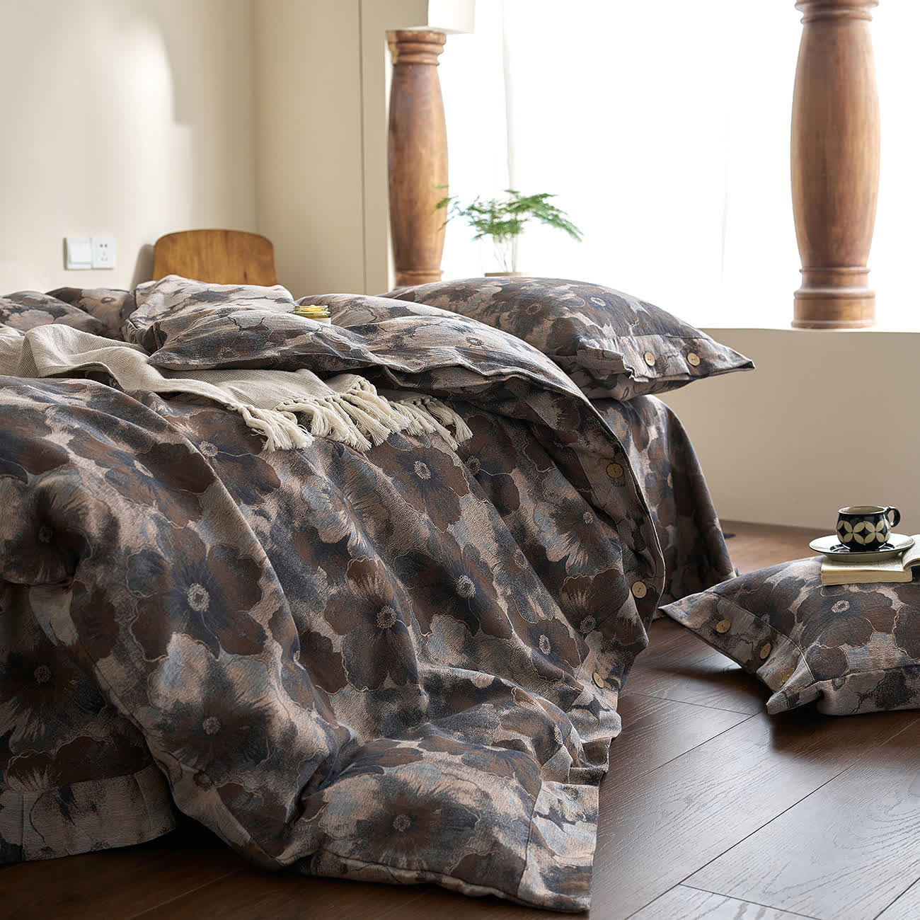 Set di biancheria da letto in garza di cotone floreale tinto in filo (4 pezzi)