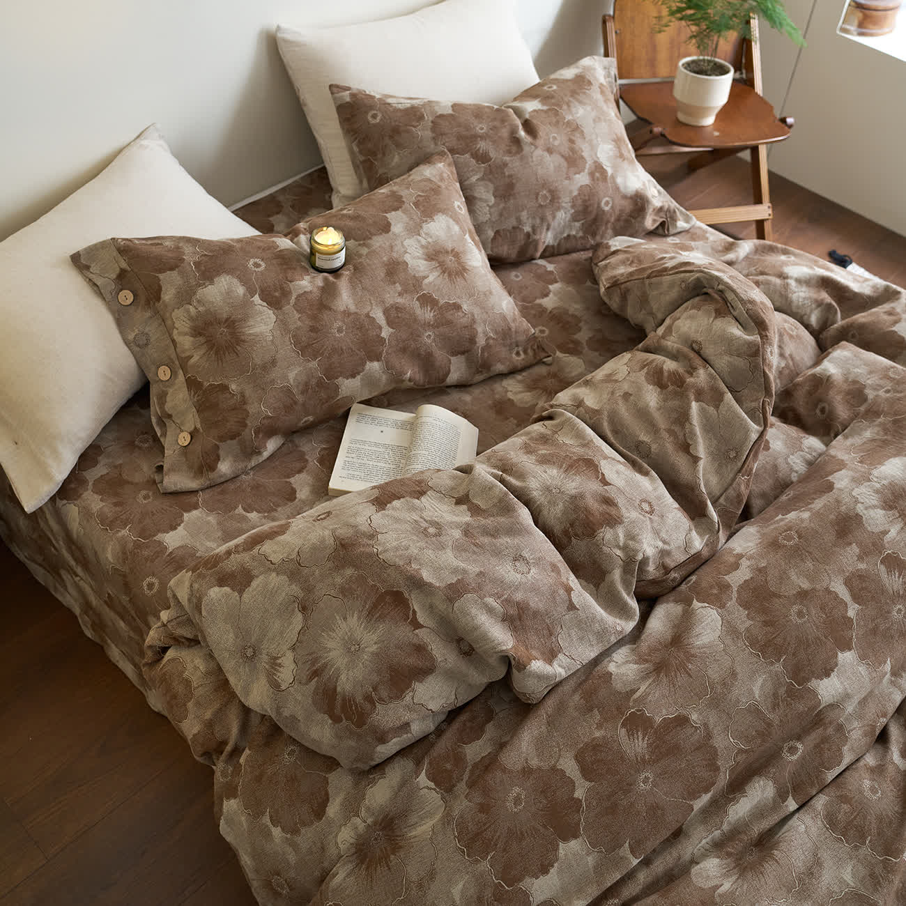 Set di biancheria da letto in garza di cotone floreale tinto in filo (4 pezzi)