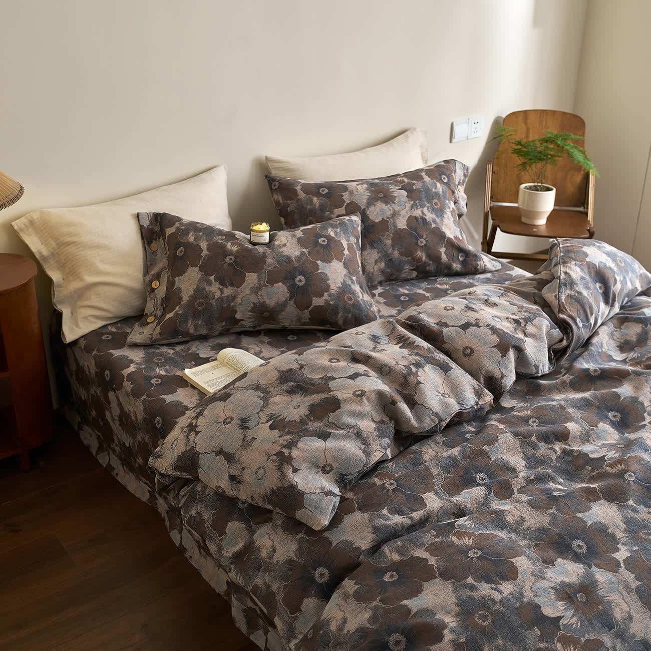 Set di biancheria da letto in garza di cotone floreale tinto in filo (4 pezzi)
