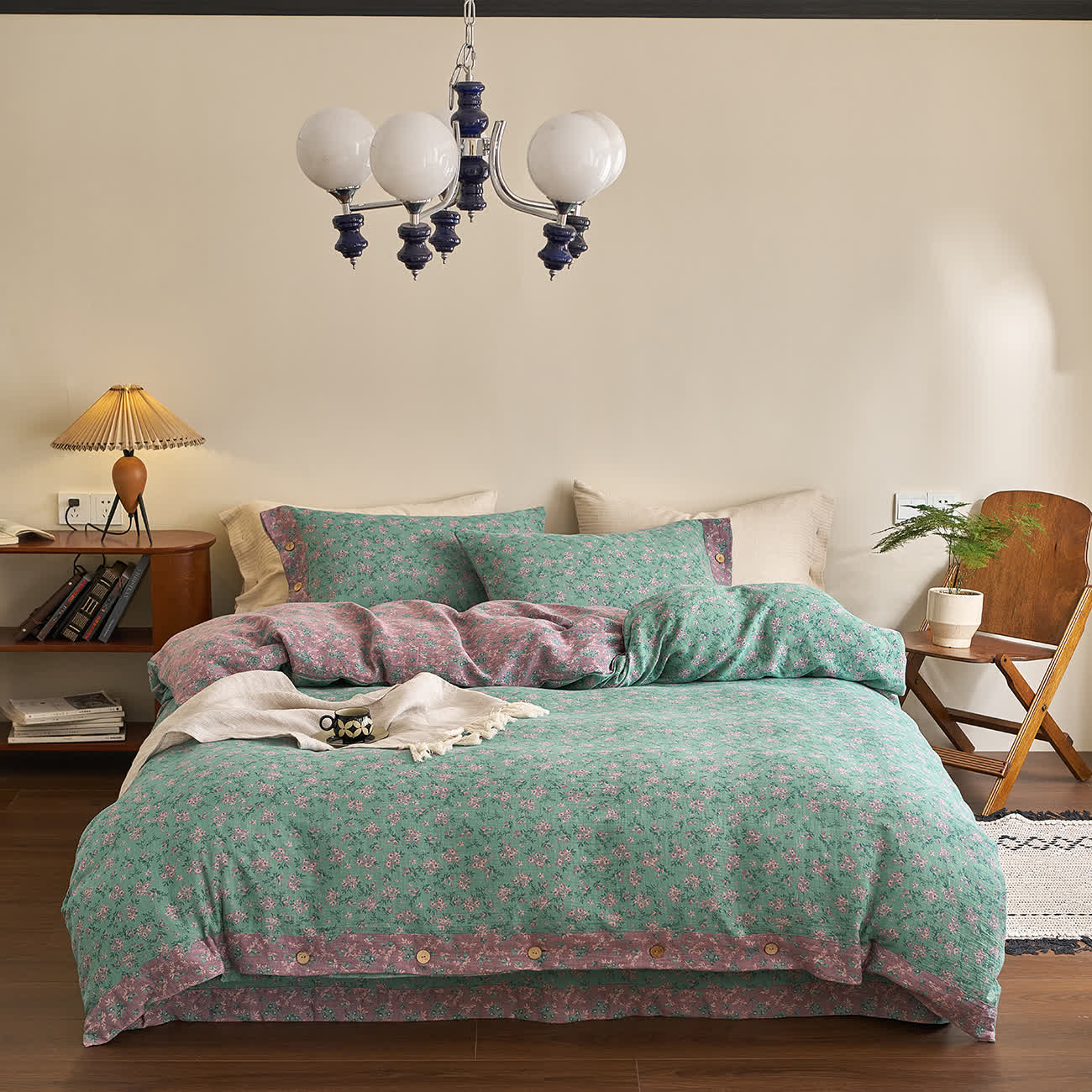 Set di biancheria da letto in garza di cotone con bottoni floreali Refresh (4 pezzi)