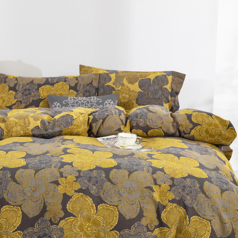 Elegante set di biancheria da letto con bottoni in garza di cotone floreale (4 pezzi)