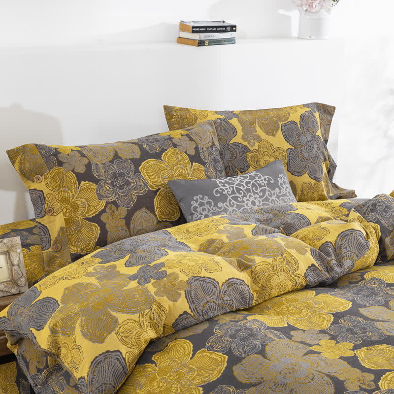 Elegante set di biancheria da letto con bottoni in garza di cotone floreale (4 pezzi)