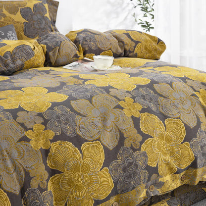 Elegante set di biancheria da letto con bottoni in garza di cotone floreale (4 pezzi)