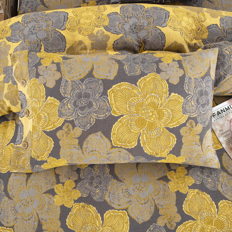 Elegante set di biancheria da letto con bottoni in garza di cotone floreale (4 pezzi)