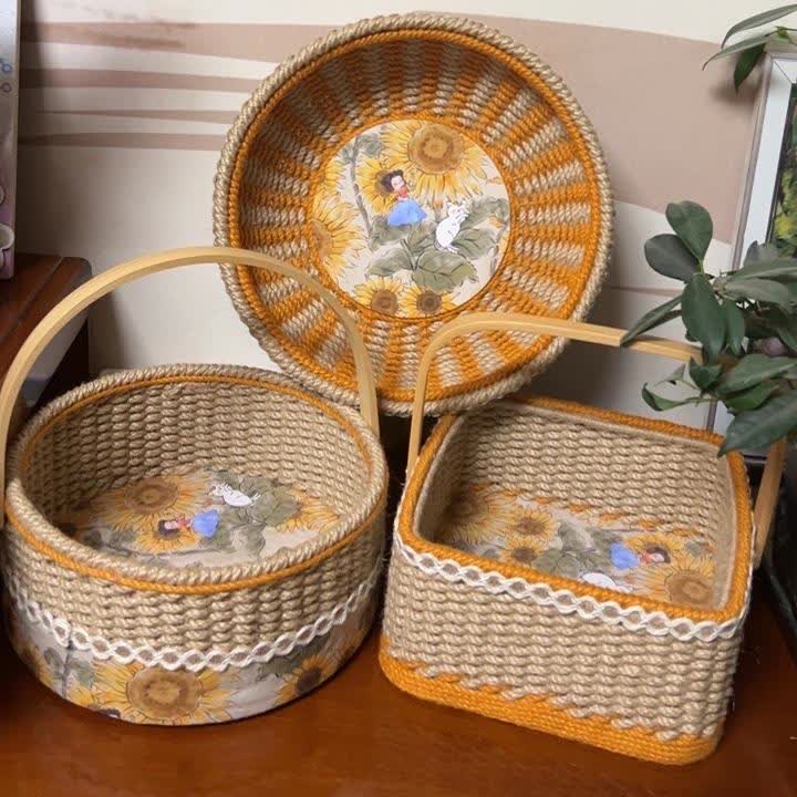 Cestino portaoggetti in corda di canapa fatto a mano a forma di girasole