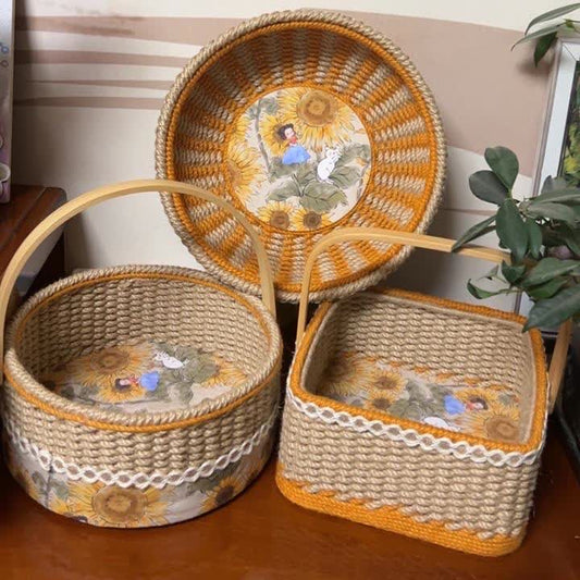 Cestino portaoggetti in corda di canapa fatto a mano a forma di girasole