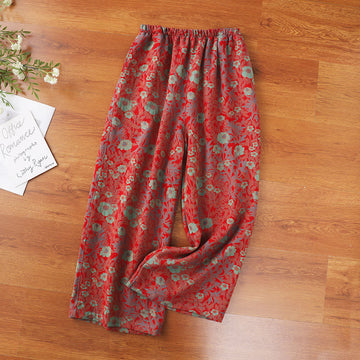 Pantaloni del pigiama in garza di cotone con motivo floreale retrò jacquard