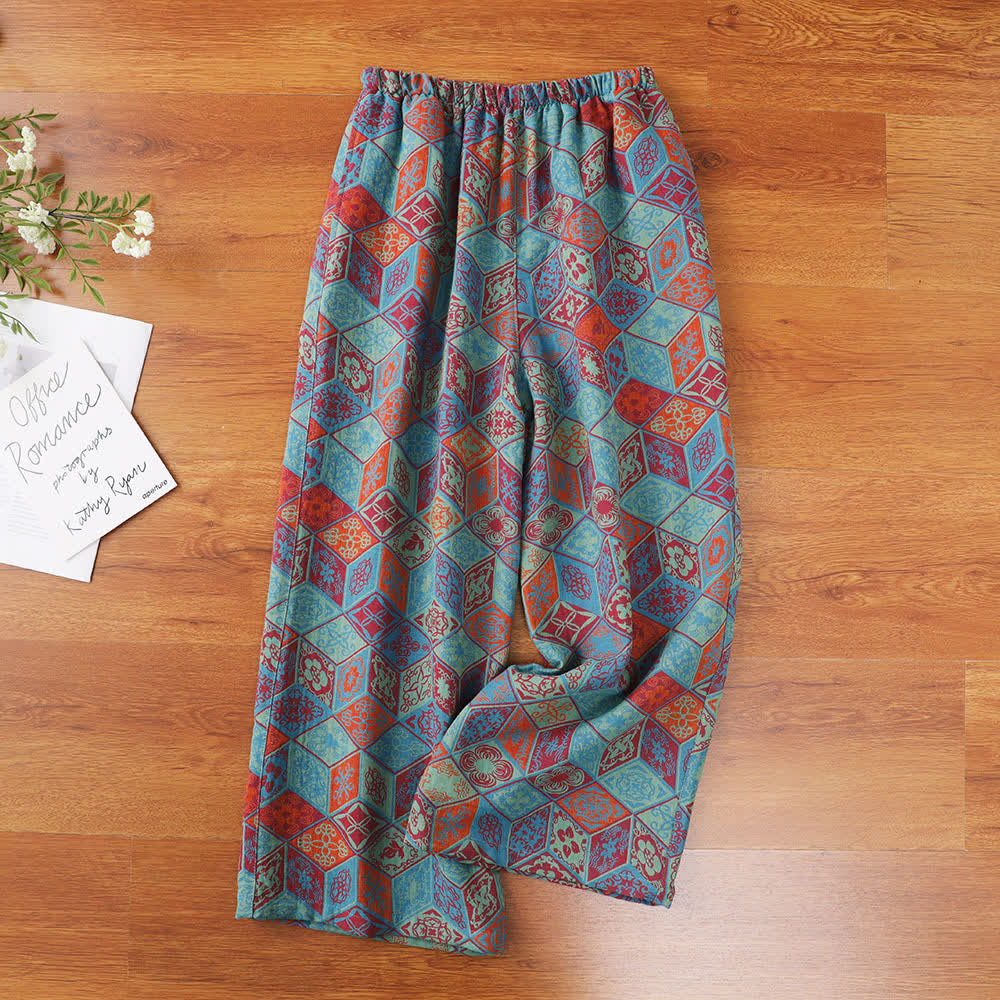 Pantaloni del pigiama in garza di cotone con stampa a rombi vintage