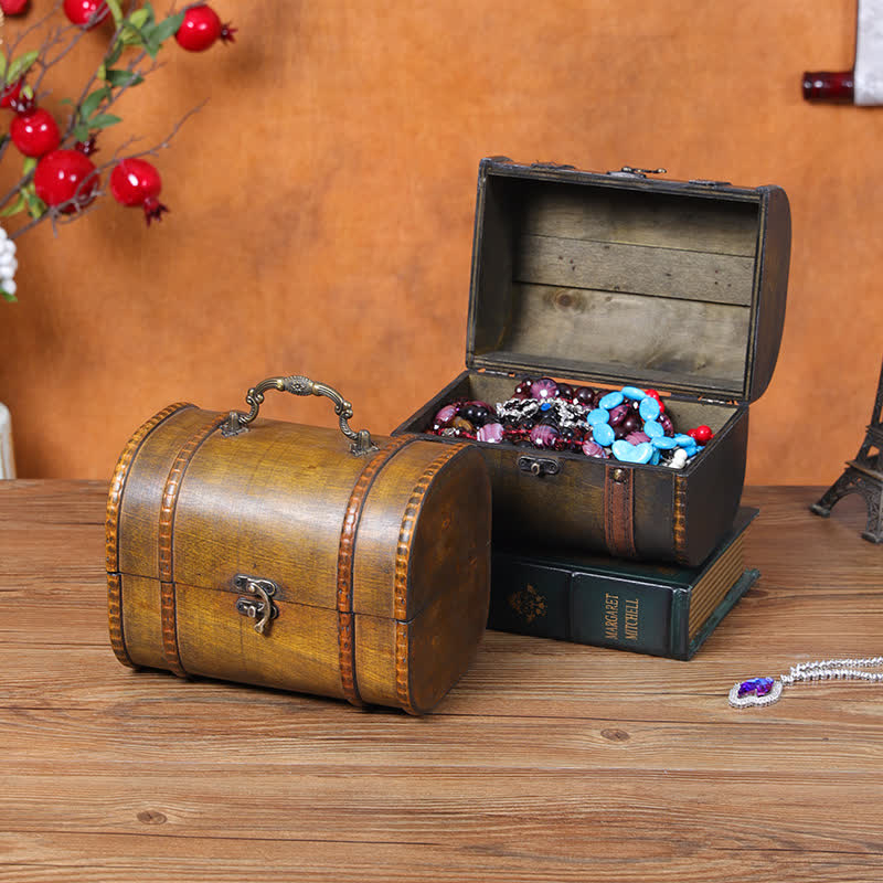 Scatola portaoggetti da tavolo in legno vintage con maniglia