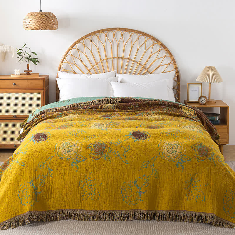 Trapunta reversibile in garza di cotone con rose vintage