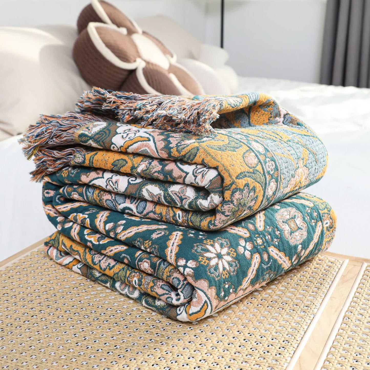 Coperta reversibile con nappe in garza di cotone marocchino