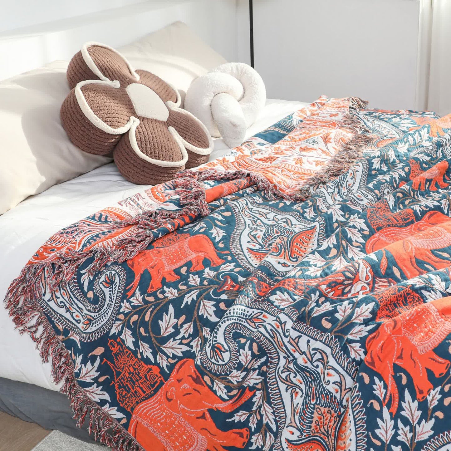 Coperta per divano in cotone con nappa di elefante Paisley
