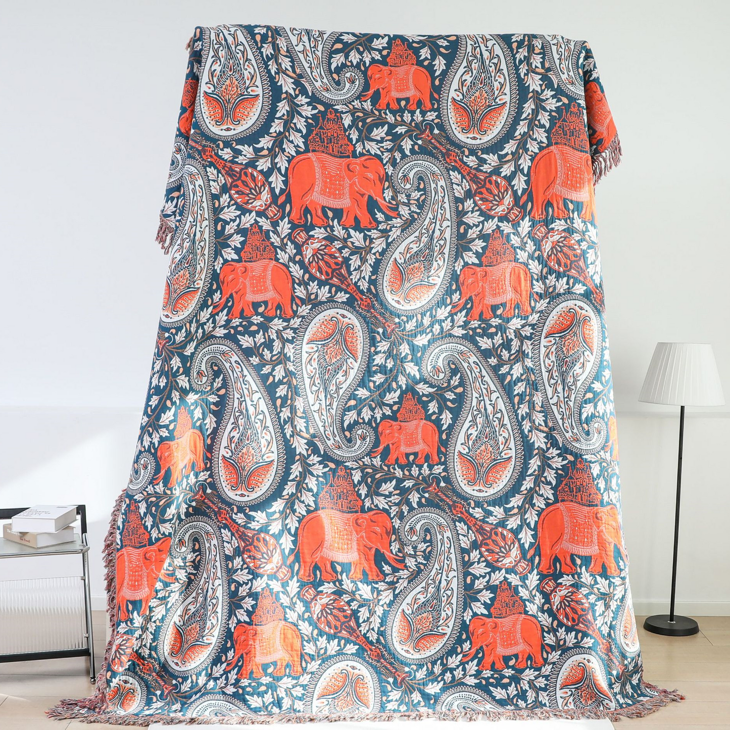 Coperta per divano in cotone con nappa di elefante Paisley