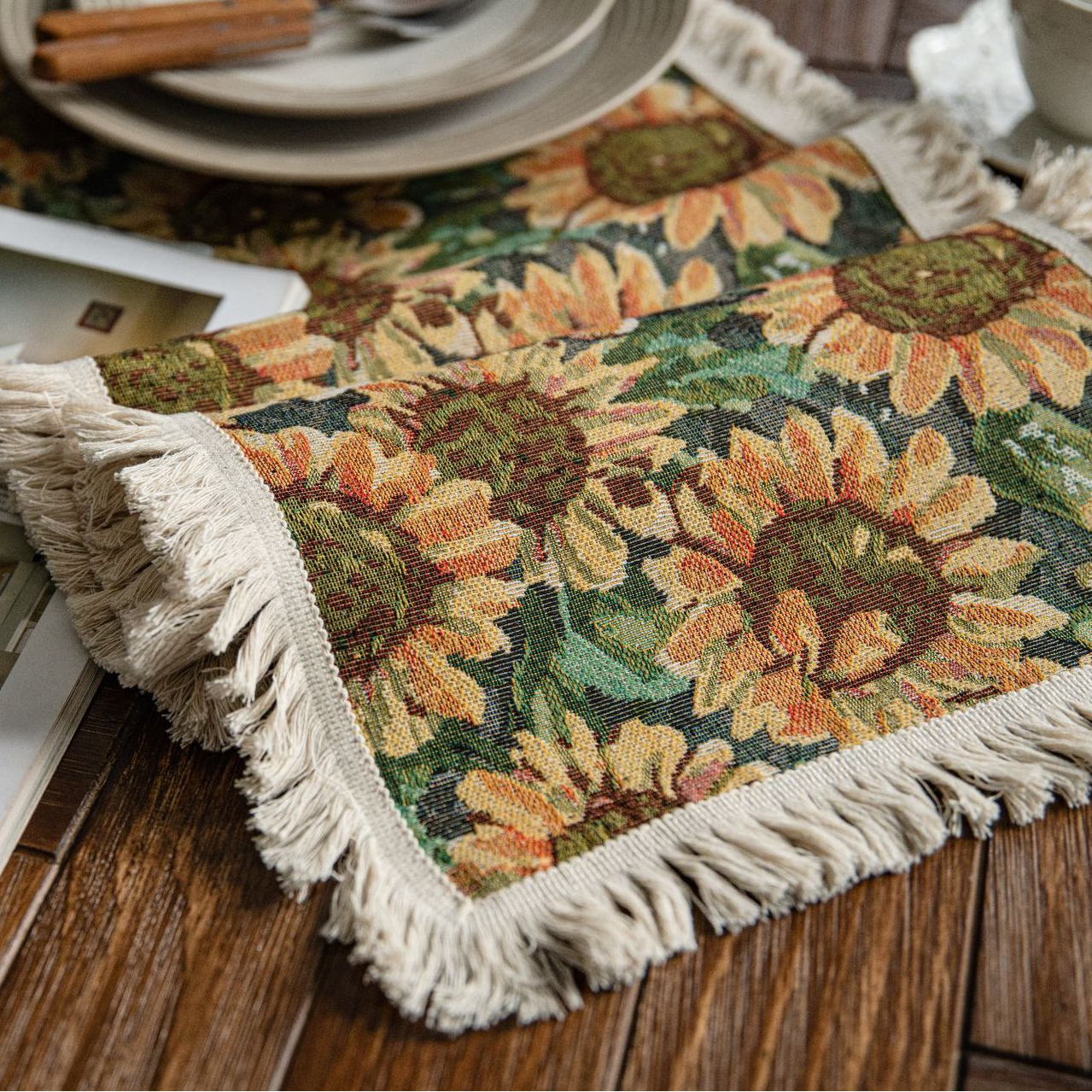 Tovaglietta americana in cotone e lino con nappa di girasole rurale