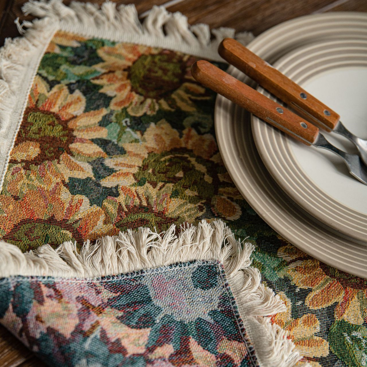 Tovaglietta americana in cotone e lino con nappa di girasole rurale