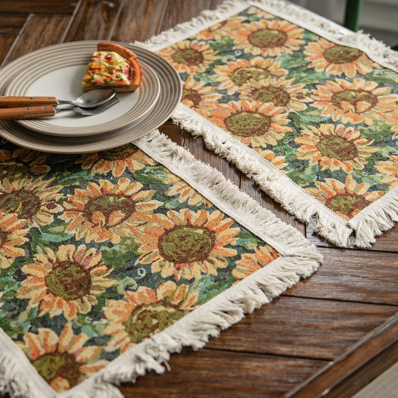 Tovaglietta americana in cotone e lino con nappa di girasole rurale