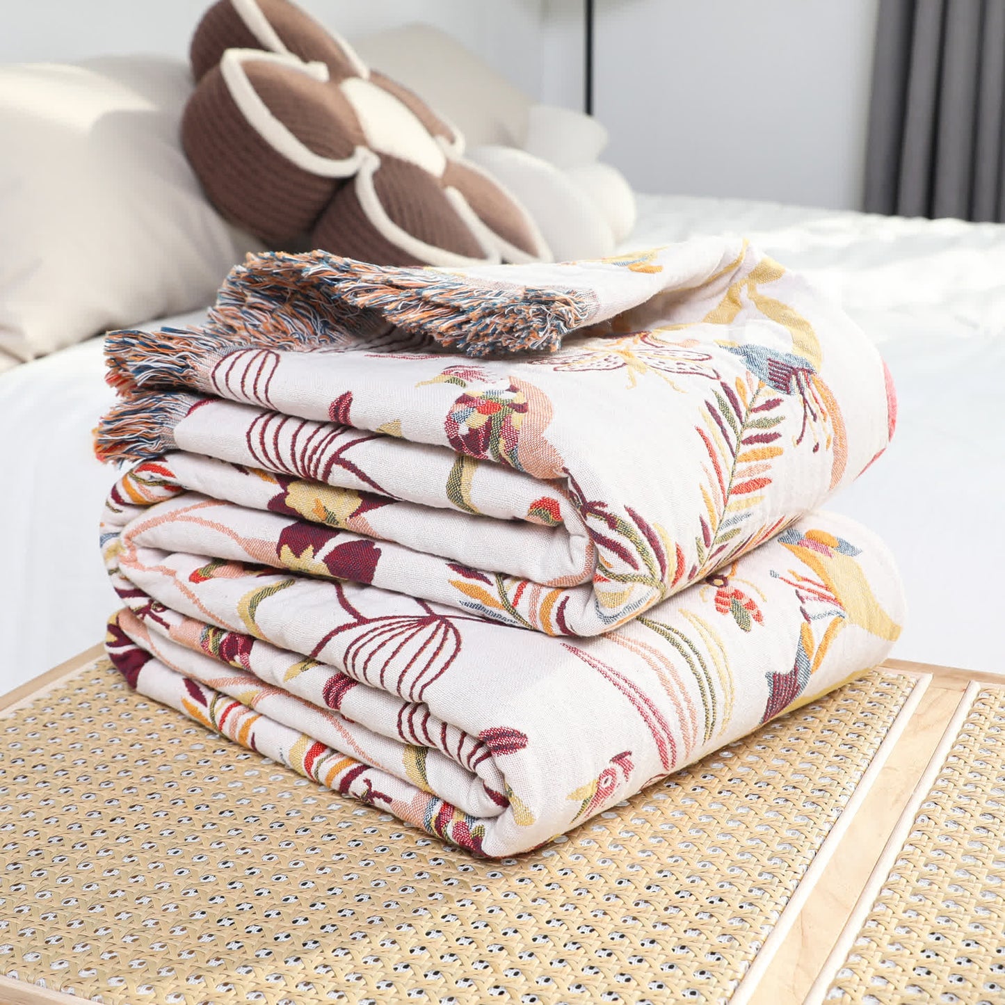Coperta per divano in cotone leggero con nappe in stile rurale