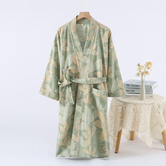 Accappatoio da spa Kimono in cotone con foglie jacquard