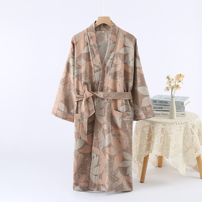 Accappatoio da spa Kimono in cotone con foglie jacquard