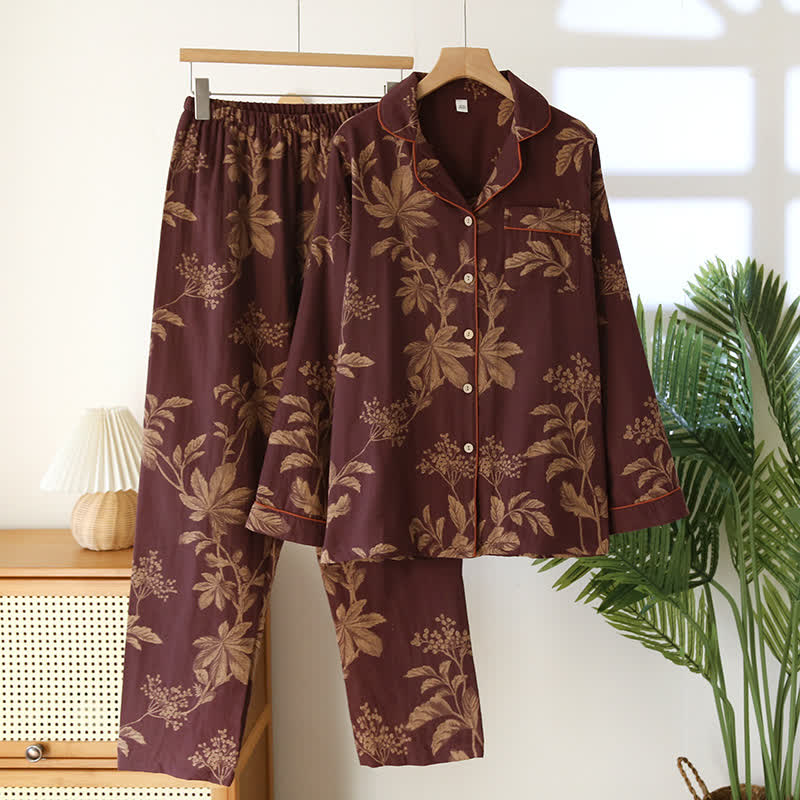 Pigiama vintage in cotone jacquard tinto in filo con revers - Viola scuro - 2XL - image 3