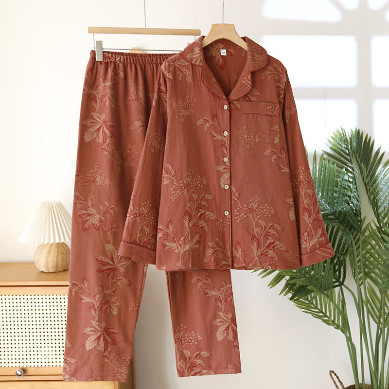 Pigiama vintage in cotone jacquard tinto in filo con revers - Rosso mattone - 2XL - image 2