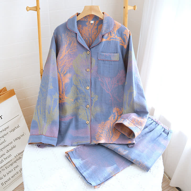 Pigiama in garza di cotone jacquard con scollo a revers