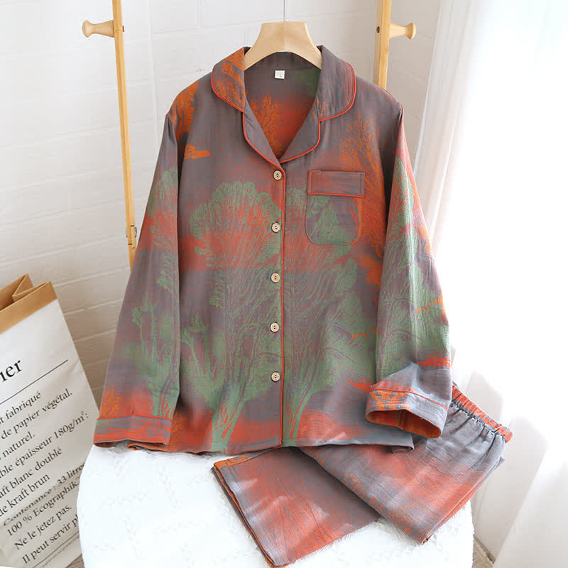 Pigiama in garza di cotone jacquard con scollo a revers