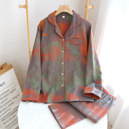 Pigiama in garza di cotone jacquard con scollo a revers