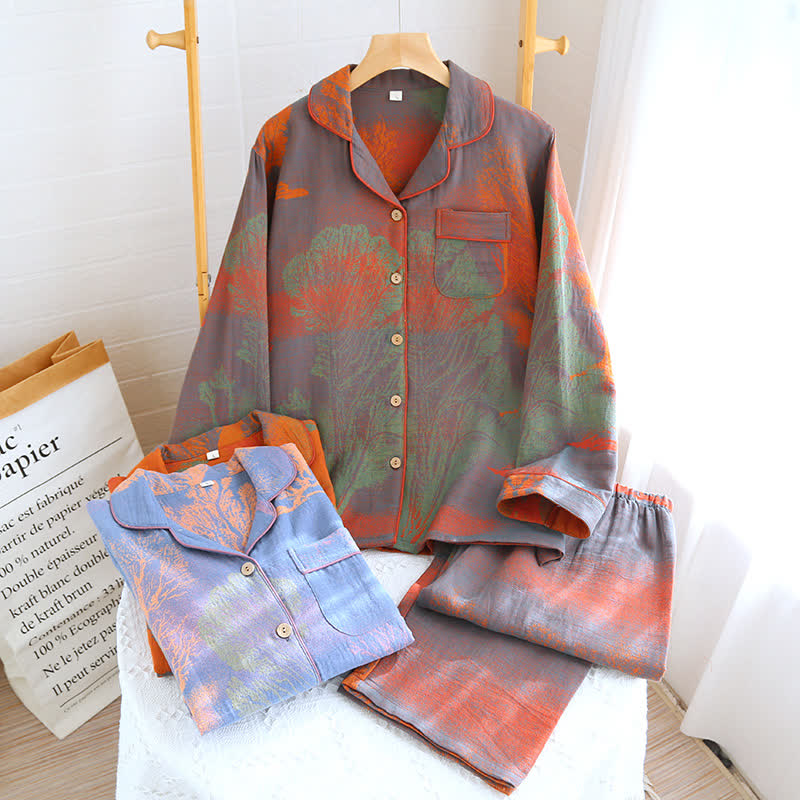 Pigiama in garza di cotone jacquard con scollo a revers
