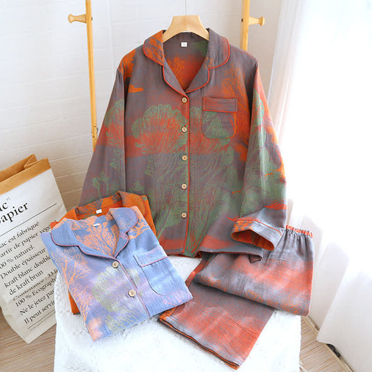 Pigiama in garza di cotone jacquard con scollo a revers