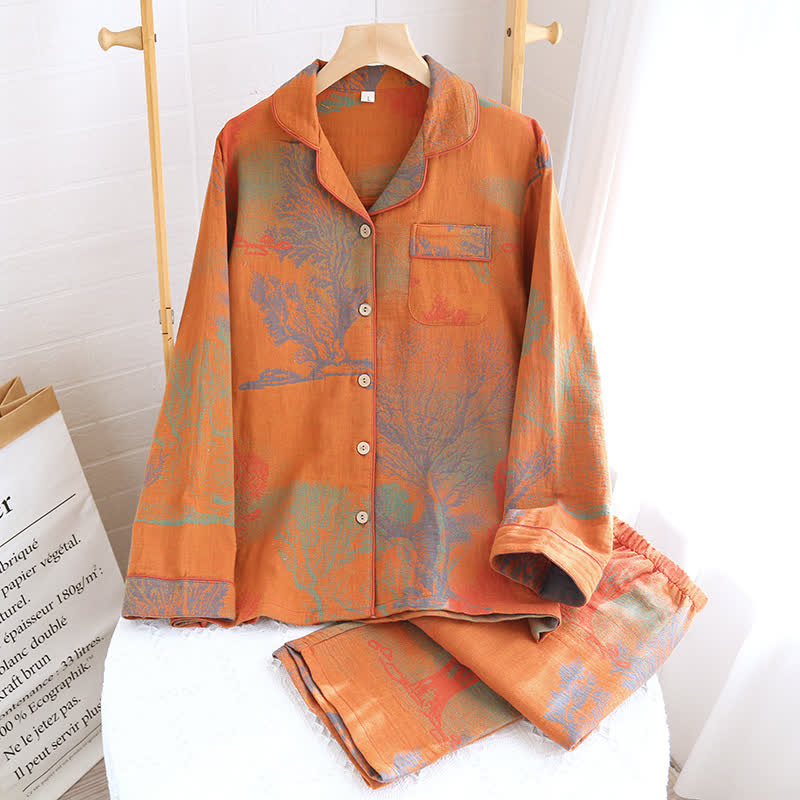 Pigiama in garza di cotone jacquard con scollo a revers