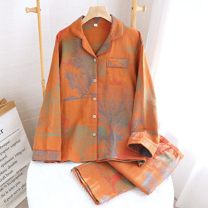 Pigiama in garza di cotone jacquard con scollo a revers