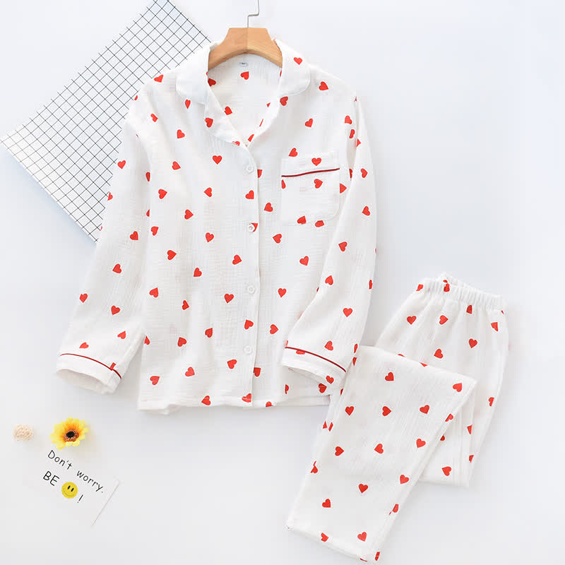 Completo da notte in garza di cotone con cuore jacquard