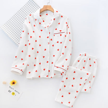 Completo da notte in garza di cotone con cuore jacquard