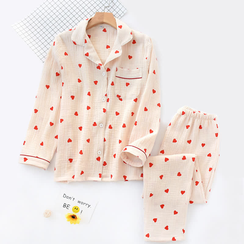 Completo da notte in garza di cotone con cuore jacquard