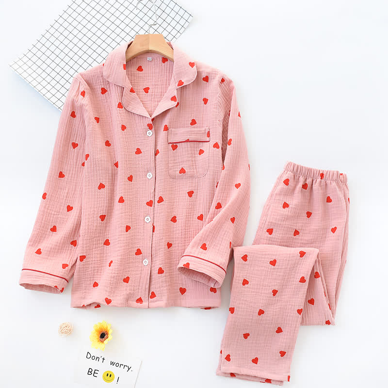 Completo da notte in garza di cotone con cuore jacquard