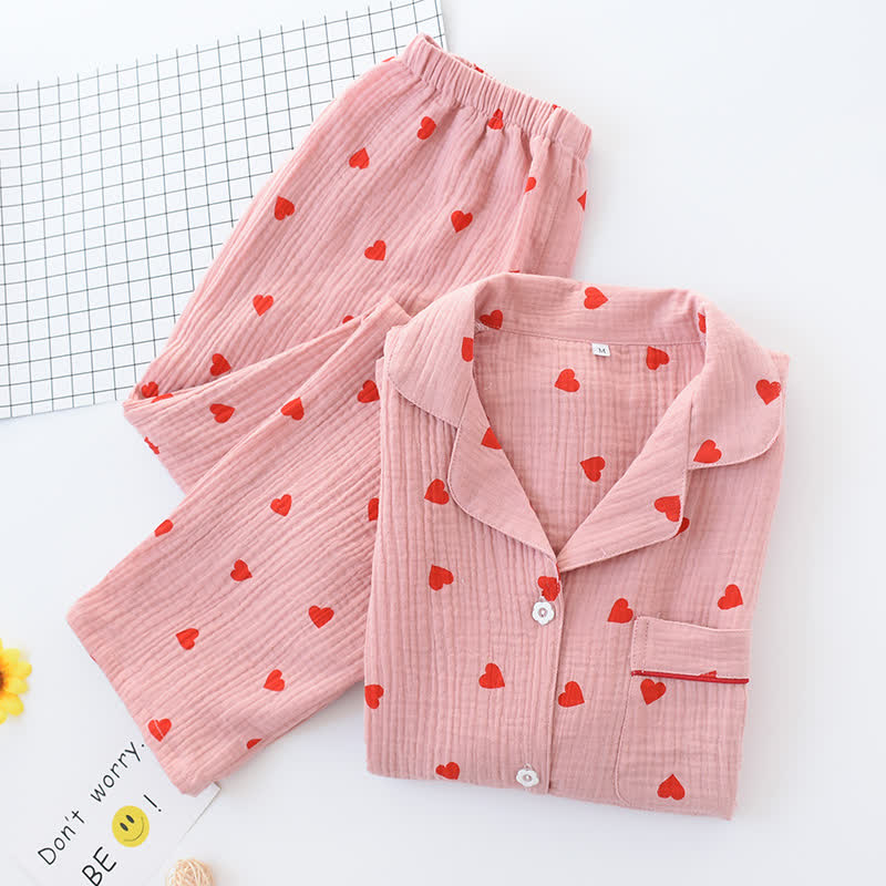 Completo da notte in garza di cotone con cuore jacquard