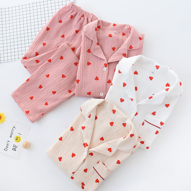 Completo da notte in garza di cotone con cuore jacquard