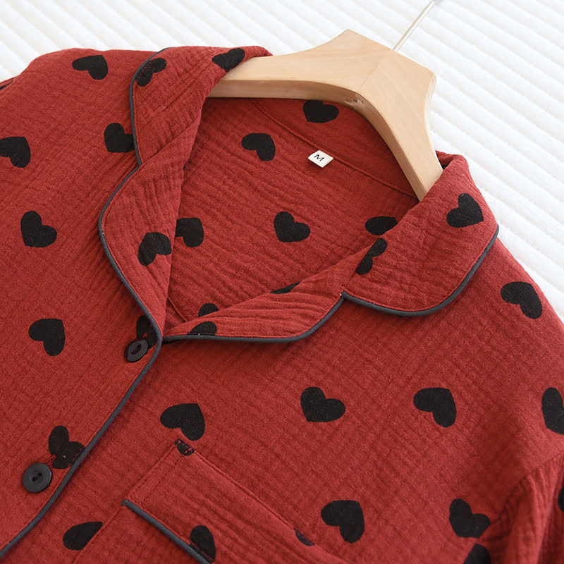 Completo da casa in cotone con revers a cuore in jacquard