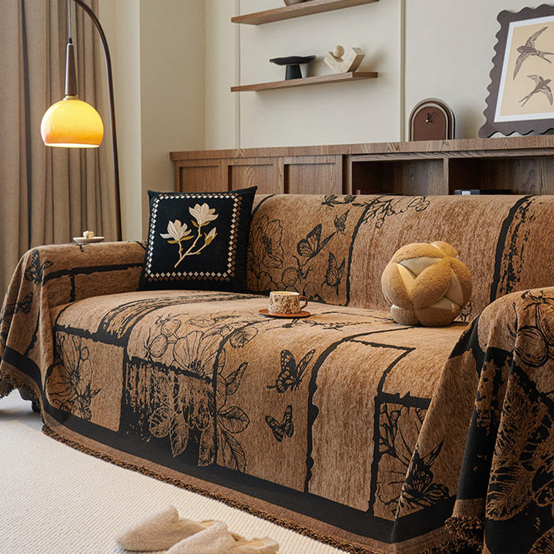 Copridivano in ciniglia con piante artistiche vintage e floreali