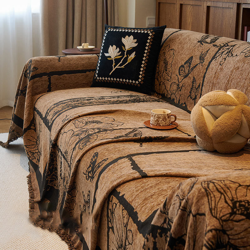 Copridivano in ciniglia con piante artistiche vintage e floreali