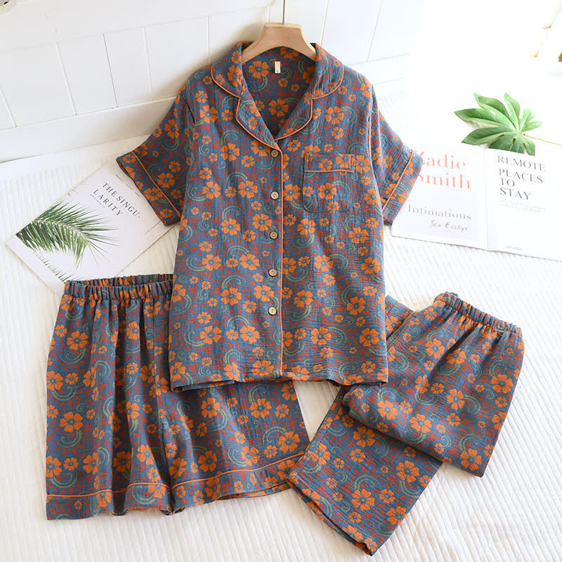 Pigiama in cotone jacquard con risvolto floreale vintage (3 pezzi)