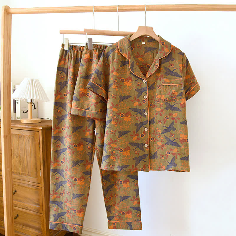 Pigiama in cotone con motivo floreale jacquard e uccelli (3 pezzi)