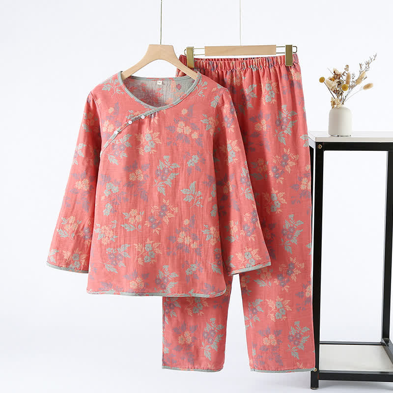 Pigiama in jacquard tinto in filo con scollo rotondo