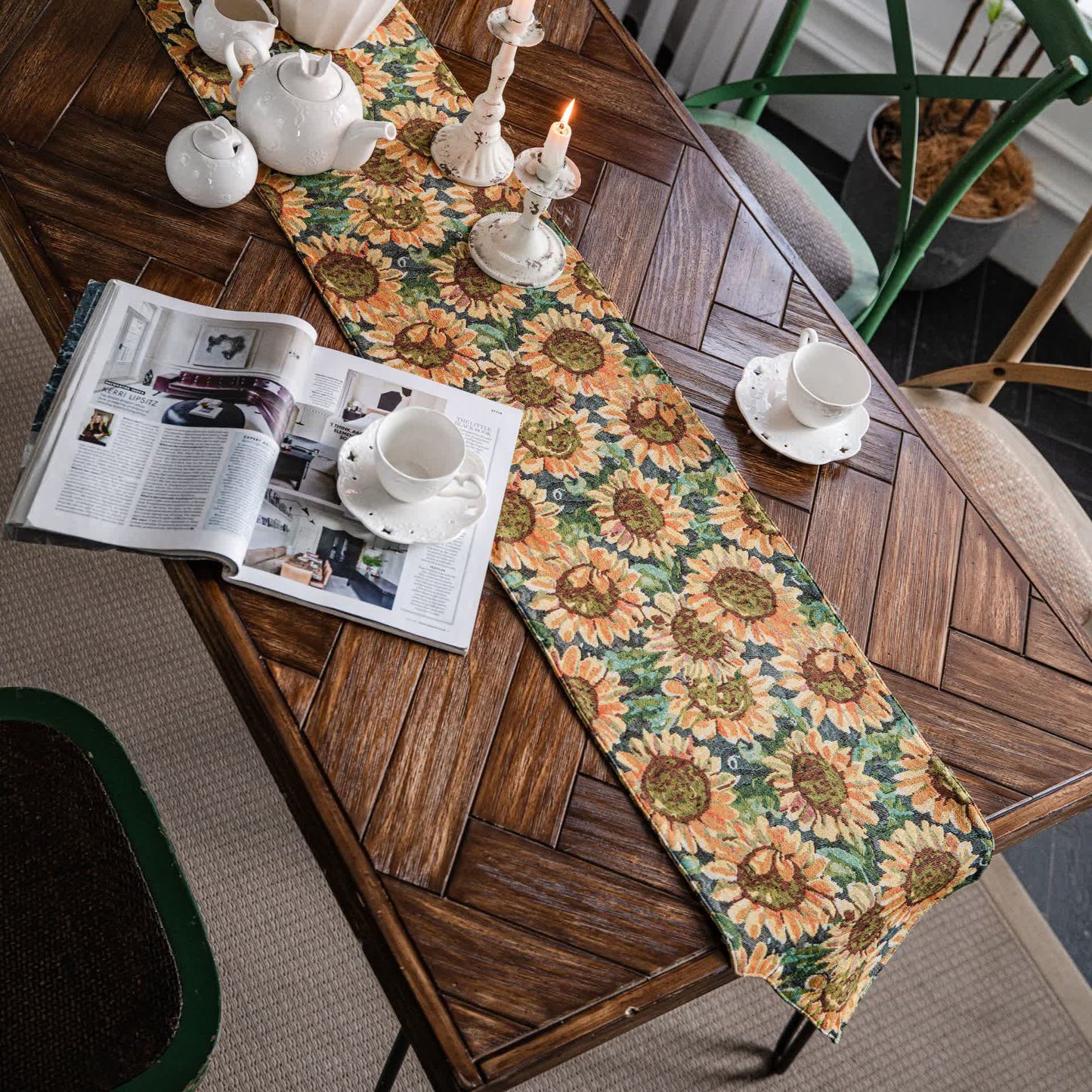Runner da tavolo vintage con motivo a girasole in jacquard