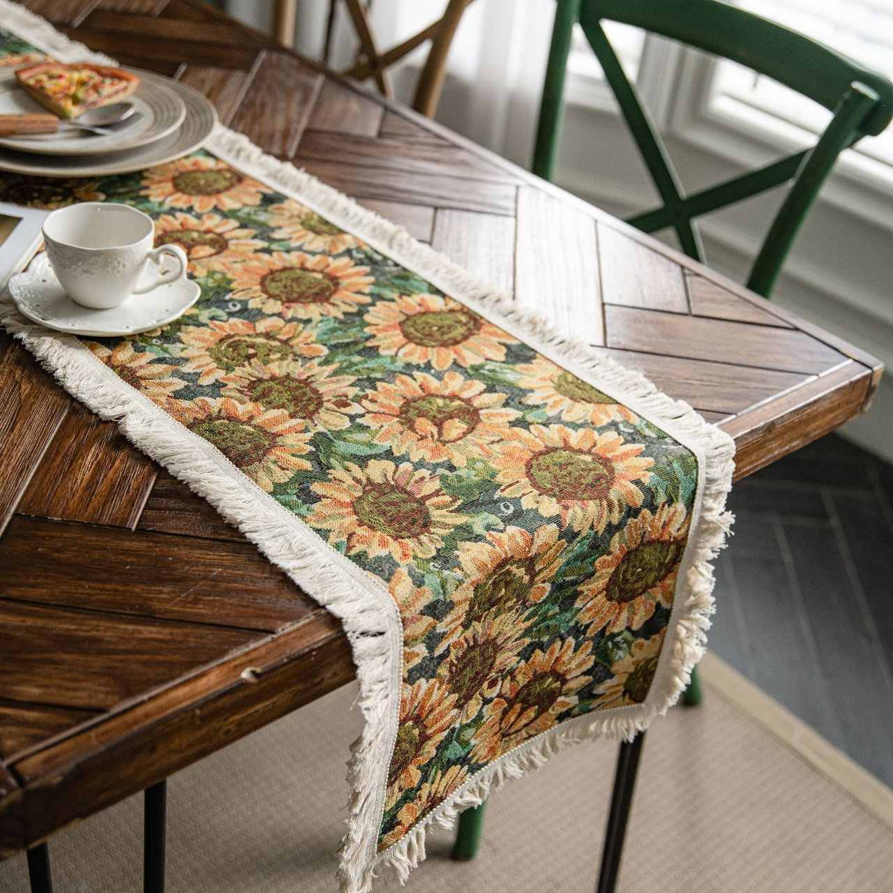 Runner da tavolo vintage con motivo a girasole in jacquard
