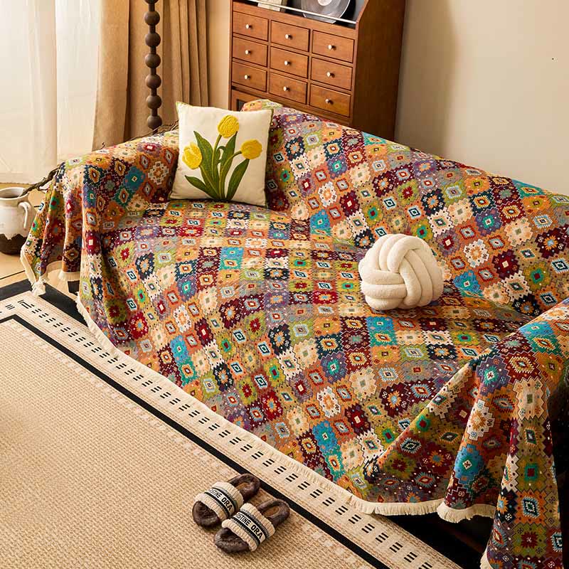 Copridivano vintage in cotone e lino con motivo jacquard a quadri