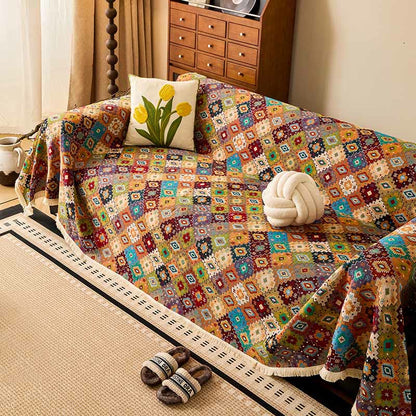 Copridivano vintage in cotone e lino con motivo jacquard a quadri
